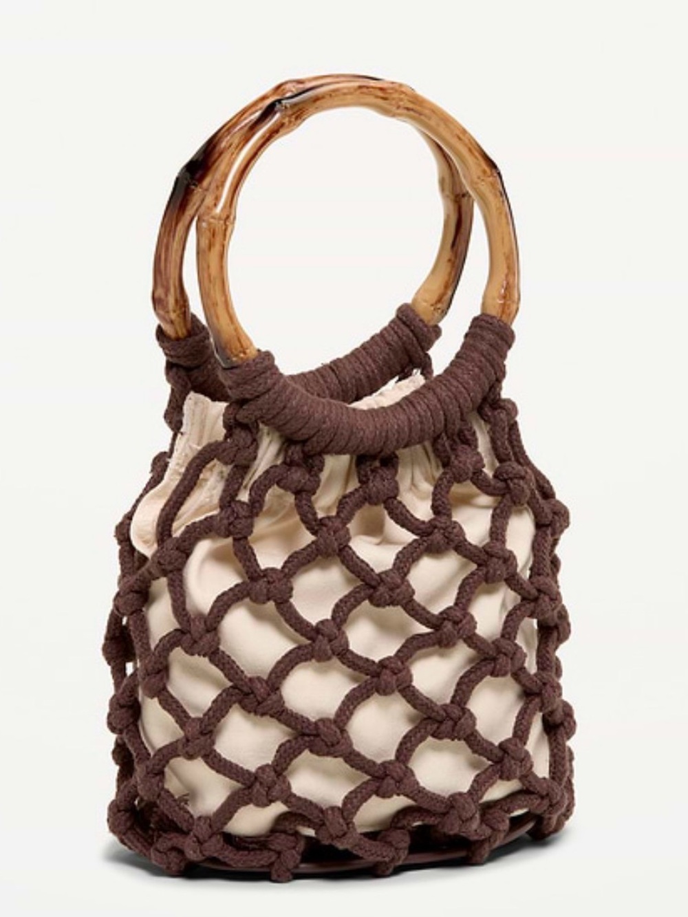 Old Navy Brown Macramé Tote with Cream Fabric Inset